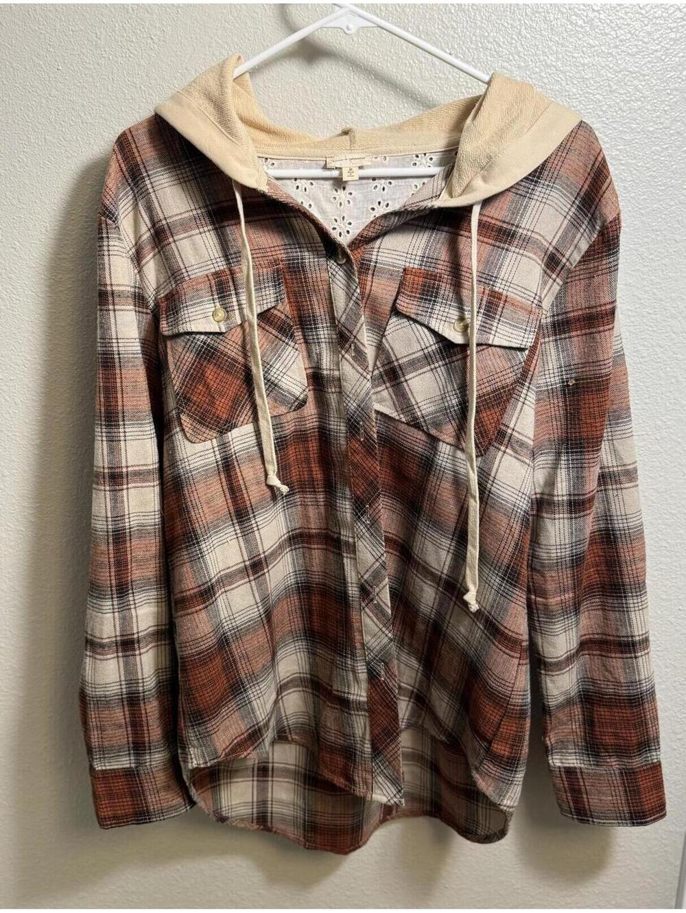 Women's Plaid Hooded Button-Up Shirt Jacket Shacket- Size M